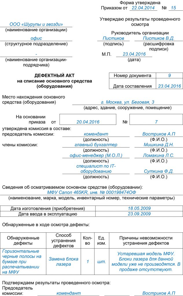 Дефектовочный акт образец