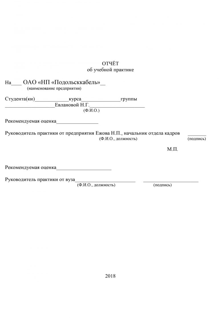 Отчет по практике образец для студента воспитателя в детском саду