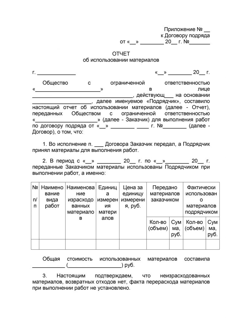 Отчет об использовании давальческих материалов образец