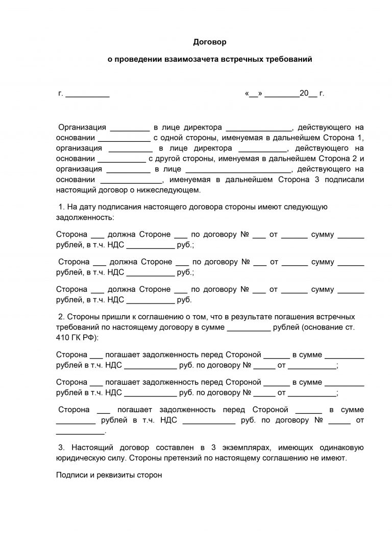 Трехстороннее соглашение о взаимозачете между организациями образец 2025