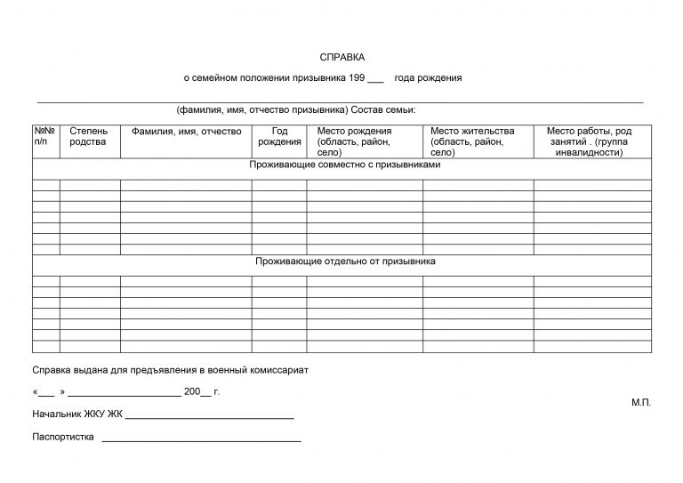 Справка о семейном положении призывника образец